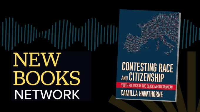 Cover of the book Contesting Race and Citizenship featured on the right-hand side, atop of a black background with light blue soundwave illustrations in the back. To the left corner there is white and yellow text reading "New Books Network."