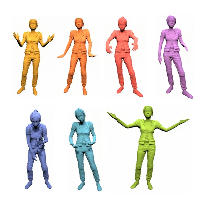 The same female character is seen multiple times in the image on a white background. She has a different color each time, and is gesticulating differently in every pose
