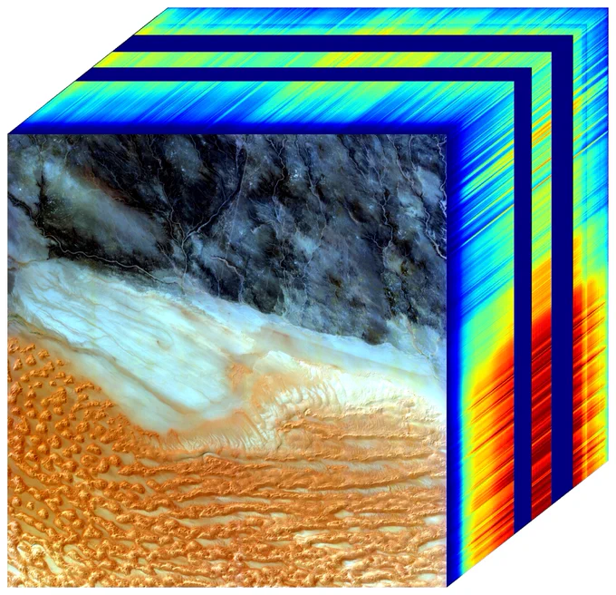 The image cube's front panel is a true-color view of part of southwestern Libya observed by NASA's EMIT mission. The side panels depict the spectral fingerprints for every point in the image, showing kaolinite, a reflective clay mineral, and goethite and hematite, iron oxides that absorb heat. Credit: NASA/JPL-Caltech