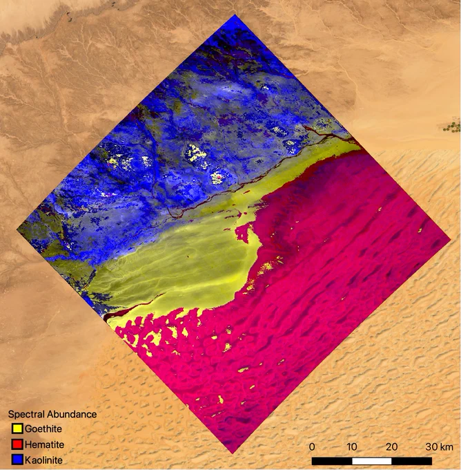 The mineral map shows a part of southwestern Libya, in the Sahara, observed by NASA's EMIT mission. It depicts areas dominated by kaolinite, a reflective clay mineral that scatters light, and goethite and hematite, iron oxides that absorb heat and warm the surrounding air. Credit: NASA/JPL-Caltech