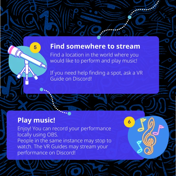 Find somewhere to stream in the VR world where you'd like to perform some music. If you need help, ask a VR guide on the Discord. You can record your session locally on OBS. The VR Guides might stream your performance to Discord. Enjoy!