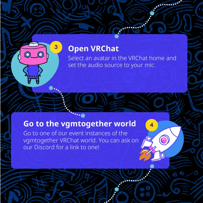 Open VRChat, select an avatar in the VRChat home and set the audio source to your mic. Go to the vgmtogether world event instances. Ask on our Discord for a link to one