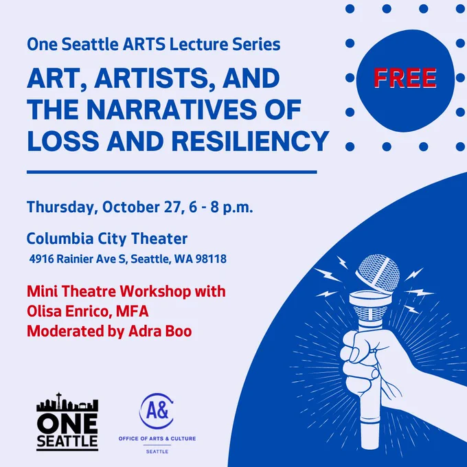Graphic of a fist gripping a microphone. The top hinges off and sparks fly  out: Thursday, October 27, 6 to 8 p.m. Columbia City Theatre, 4916 Rainier Avenue South, Seattle 98118.