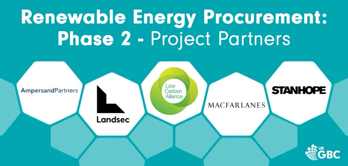 Asset that reads, 'Renewable Energy Procurement Phase 2 - Project Partners' with the logos of AmpersandPartners, Landsec, Low Carbon Alliance, Macfarlanes and Stanhope. 