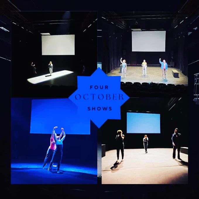 Four photographs of ‘Rebel Boob’ in rehearsal. There are stage lights of blue and white tones and a projection screen in the background. In the middle there is a blue square that has the following text in it: ‘Four October Shows’.