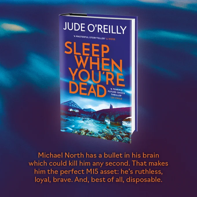 A graphic showing the cover for Sleep When You're Dead on an iPad with text beneath. The cover is a blue-tinged photo of a creek in the middle of nowhere. The text below matches the post. 
