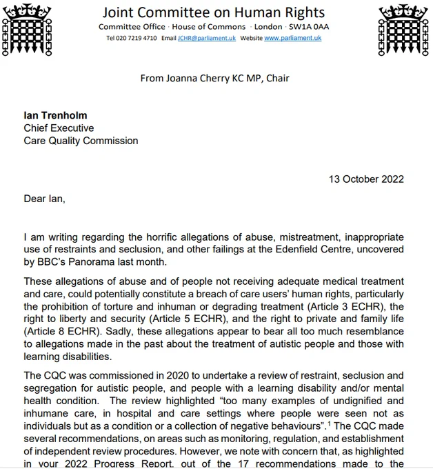 image of letter from the JCHR to the CQC Chief Executive Officer