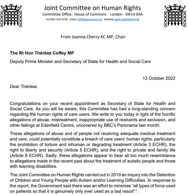 Image of letter from the JCHR to the Secretary of State for Health and Social Care