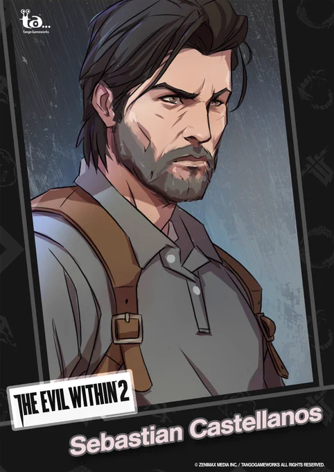 A drawing of Sebastian Castellanos, protagonist from The Evil Within series. He's looking towards the right, wearing a collared shirt, scruffy beard, slightly squinted expression as though looking at something in the distance. Underneath, his name is written with the logo for "The Evil Within 2."