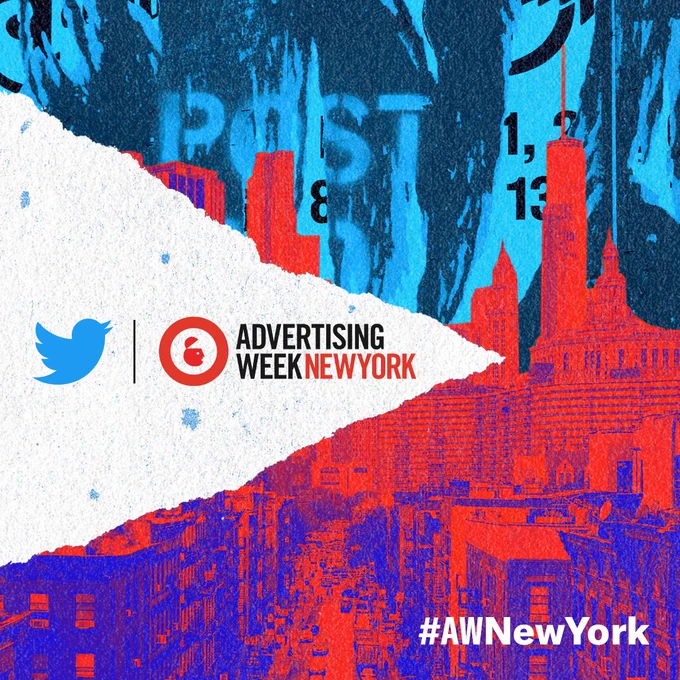 Twitter and Advertising Week New York logos on a blue and red background of the New York City skyline. #AWNewYork