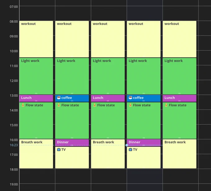 screenshot of the calendar application with a weekly schedule of repeating tasks