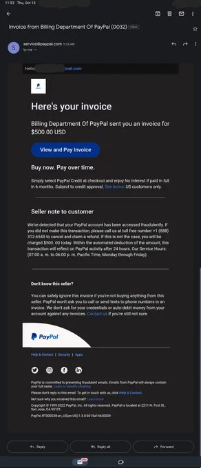 Screenshot of fraudelent email from paypal. It is a legitimate paypal notification of a pending invoice, but the fraudster crafted the request to make it look like Paypal is sending a fraud warning and I should contact them to cancel the transaction and claim a refund.