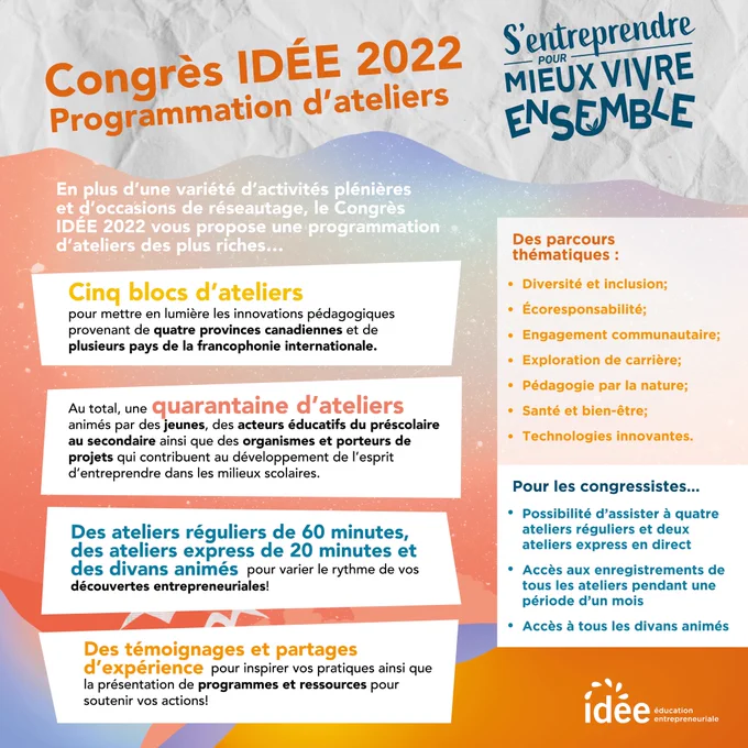 Le 02 novembre, l’École Communautaire Sainte Anne du Lac,  École polyvalente Lavigne: la page de la direction et L’École Clément-Cormier nous tiendrons en haleine sur les thématiques suivantes : 
👉Les enfants s’entreprennent en luttant contre les changements climatiques 
👉Différents, mais pas indifférents! 
👉La classe flexible de l’école Clément-Cormier : un exemple de co-enseignement interdisciplinaire entrepreneurial au secondaire