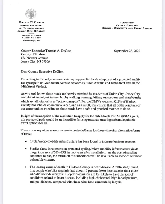 Mayor Brian Stack’s letter of support