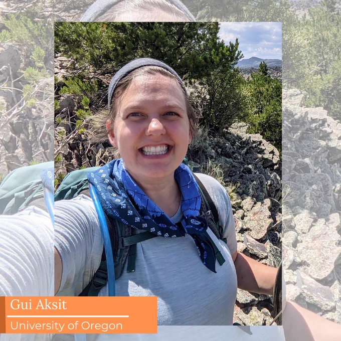 Meet Gui Aksit  She/They, @guiologist a Ph.D. student at University of Oregon. Her research focuses on silicic dike propagation at the eroded Summer Coon volcano in Colorado. She studies the physical properties preserved in chilled dike margins 