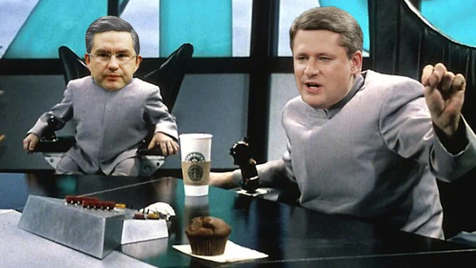 Pierre Poilievre as Mini Me and Stephen Harper as Dr. Evil from Austin Powers.
