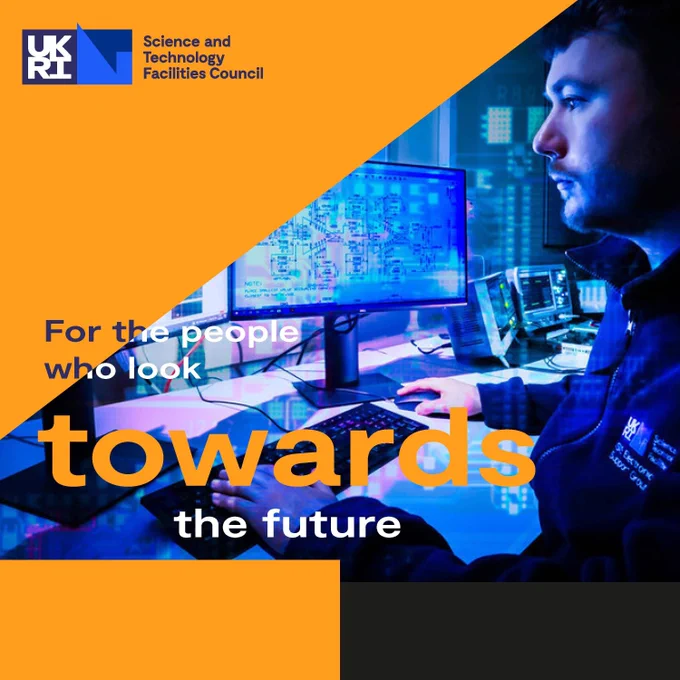 The orange background has an upward arrow which shows a person looking at dual monitors with technical displays on screen. The text 'For the people who look towards the future' is overlaid. The STFC logo is in the top left.