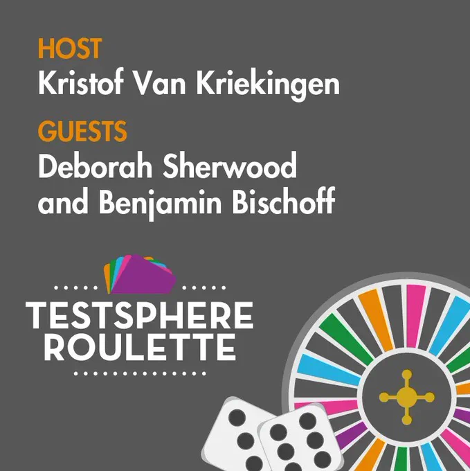 Test: Host Kristof Van Kriekingen. Guests Deborah Sherwood and Benjamin Bischoff.  Testsphere Roulette.  Image shows a roulette wheel and two dice. 