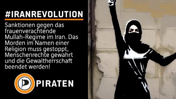 !B Bild: Iranische erhebt ihre Hand und ballt sie zur Faust. Text: #IranRevolution, Sanktionen gegen das frauenverachtende Mullah-Regime im Iran. Das Morden im Namen einer Religion muss gestoppt, Menschenrechte gewahrt und die Gewaltherrschaft beendet werden!