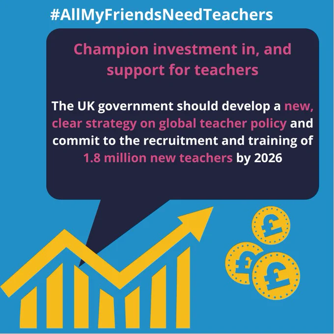 #Allmyfriendsneedteachers - Champion investment in, and support for teachers. The UK government should develop a new, clear strategy in global teacher policy and commit to the recruitment and training of 1.8million new teachers by 2026.