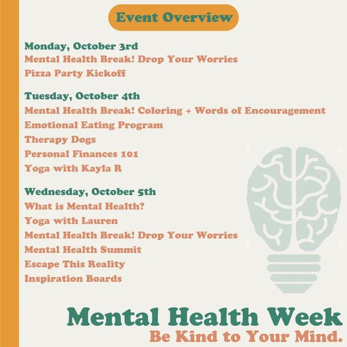 Flyer announcing WMU's Western Student Association's Mental Health Week. For more info https://www.facebook.com/WMUSGA/