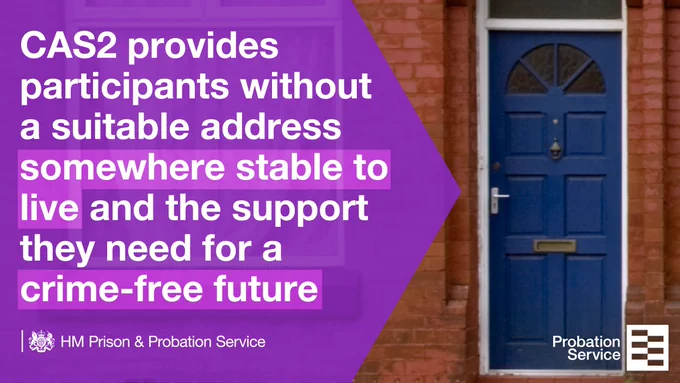 Infographic with a photo of a house and text saying: CAS2 provides participants without a suitable address somewhere stable to live and the support they need for a crime-free future.