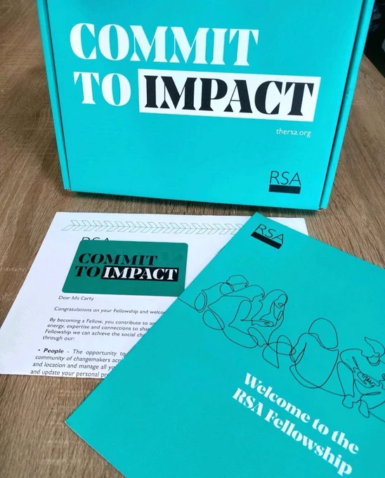 Welcome pack from The RSA. Green box with the slogan commit to change 
