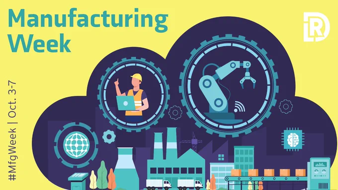 Text say Manufacturing Week. #MfgWeek | Oct. 3-7. Image is of various manufacturing icons/illustrations.