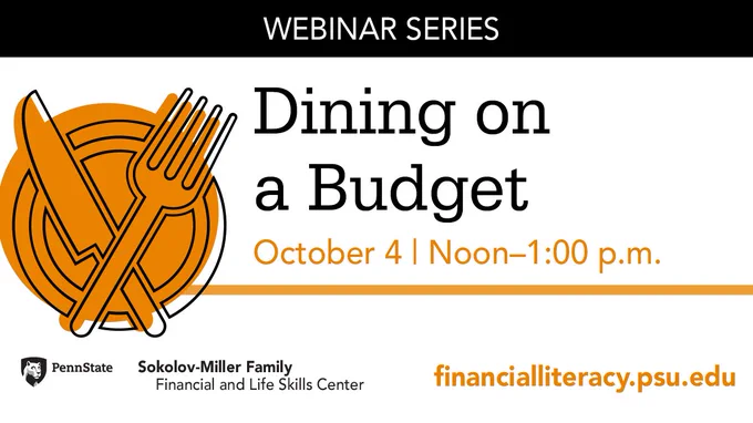 Graphic displays cutlery icon with text for the Oct. 4 webinar event at noon. 