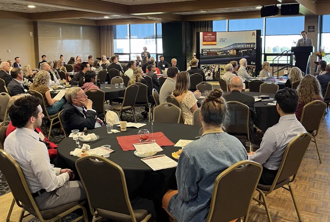 A full house in UMD's Kirby Ballroom for the 2022 LSBE Scholarship Reception on Friday, September 30! Top right of the photo shows LSBE student Dominic McDonough delivering a few inspiring opening remarks.
