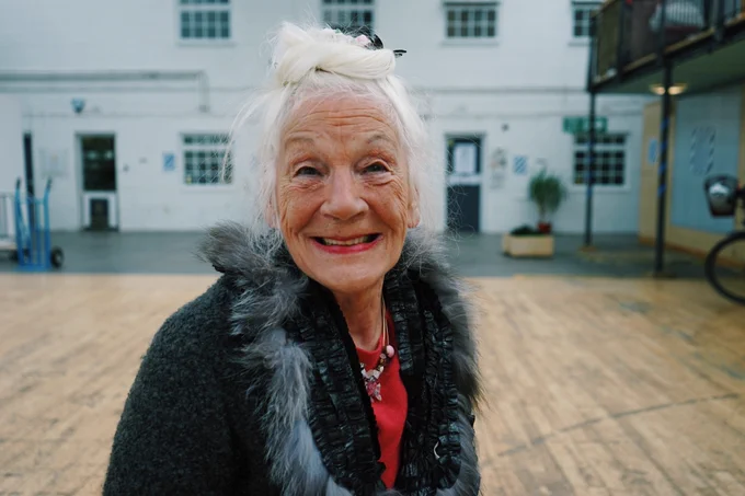 Mary Moriarty smiles in the out of the blue drill hall in Leith