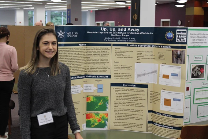 A W&M student taking a photo in front of a research project.