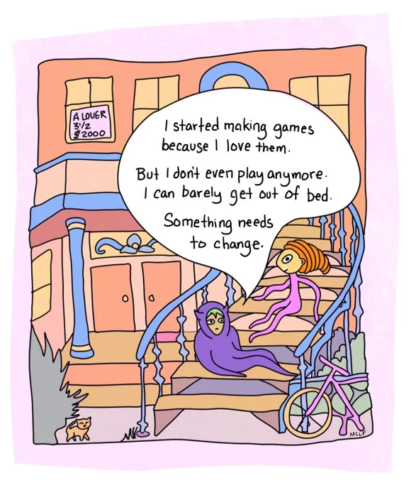 a comic panel where two game creators in Montreal share their feelings.