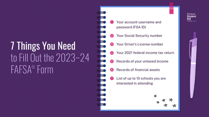 7 Things You Need to Fill out the 2023-24 FAFSA Form 

Your account username and password (FSA ID) 

Your Social Security number 

Your Driver's License number 

Your 2021 federal income tax return 

Records of your untaxed income 

Records of financial assets 

List of up to 10 schools you are interested in attending
