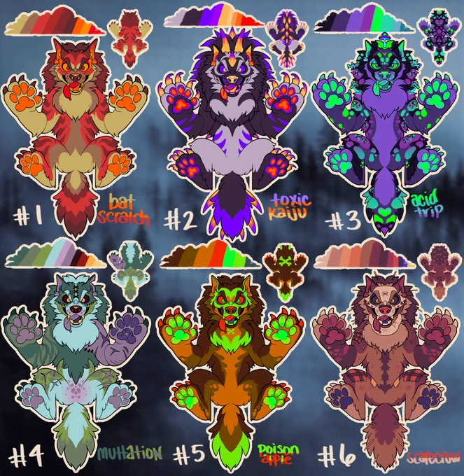 #1 bat scratch
#2 toxic kaiju
#3 acid trip
#4 muttation
#5 poison apple
#6 scarecrow