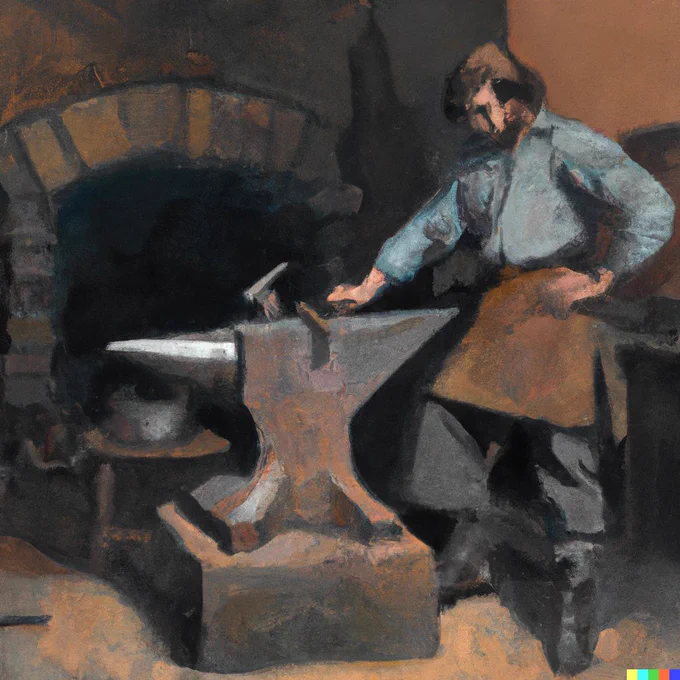 Peinture à l'huile réalisée par DALLE représentant un forgeron travaillant sur son enclume, dans le style de Gustave Courbet.