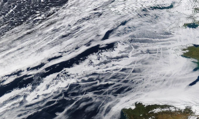 MODIS satellite image of shiptracks over the eastern Atlantic from NASA Worldview