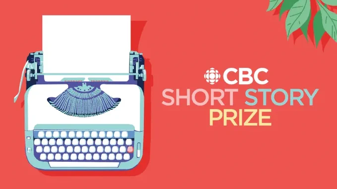 White and blue typewriter with a sheet of paper in it, on a red background. Text: "CBC Short Story Prize."