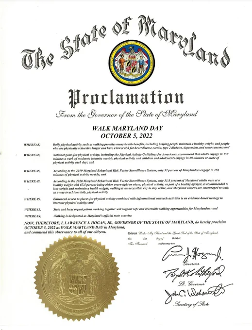 Proclamation signed by Governor Larry Hogan declaring October 5 Walk Maryland Day.
