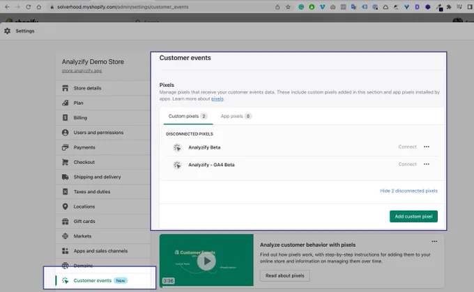 Custom Pixels and App Pixels tabs in Customer Events