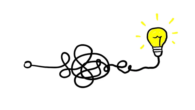 On the left is a circle. Coming out of the circle is a line that moves across the image towards the right, in an increasing messy pattern. The line straightens and ends with a light bulb.