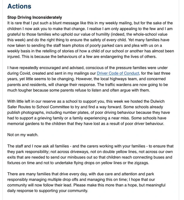 Email sent by Headmaster of Dulwich Prep to parents due to the dangers of poor driving and parking around the school.