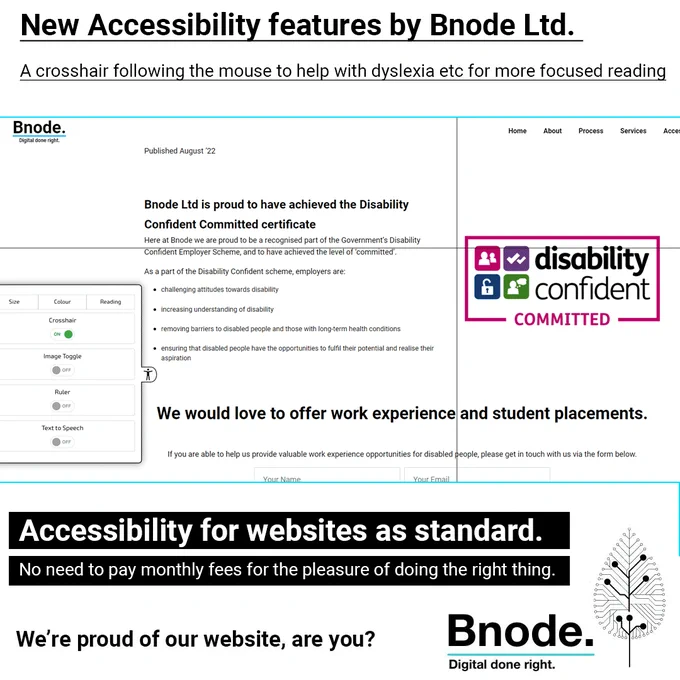 New Accessibility features by Bnode Ltd. 
A crosshair following the mouse to help with dyslexia etc for more focused reading.
Accessibility for websites as standard.
No need to pay monthly fees for the pleasure of doing the right thing.
We’re proud of our website, are you?
Bnode. Digital done right.
Image of a leaf with digital veins.