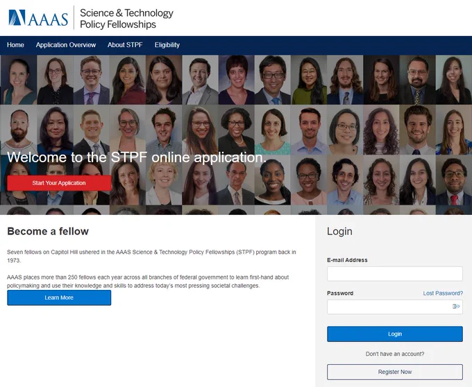 Photo of the AAAS Science and Technology Policy Fellowships application portal website. Applications are accepted through November 1, 2022.