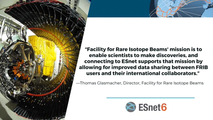 On the left is an image of the Facility for Rare Isotope Beams at Michigan State University. On the right is a quote from the facility’s Director Thomas Glashmacher: “Facility for Rare Isotope Beams’ mission is to enable scientists to make discoveries, and connecting to ESnet supports that mission by allowing for improved data sharing between FRIB users and their international collaborators.” 
