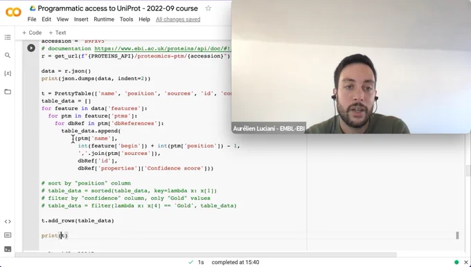 Screenshot of the webinar, showing the presenter and a snippet of Python code to showcase accessing one of UniProt's APIs endpoints.