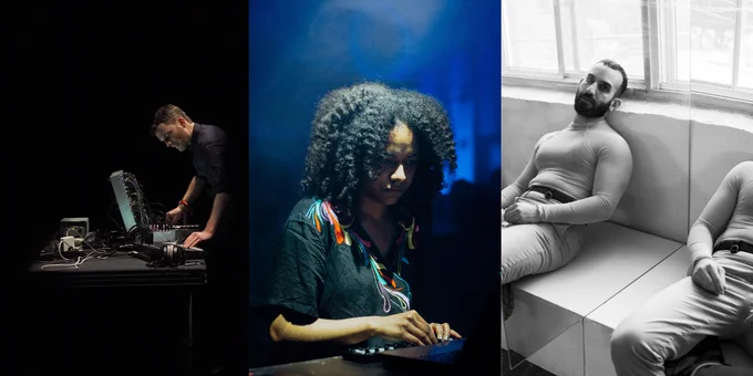 3 photos in series:

Thomas Ankersmit leans over a table in an entirely darkened space. On the table is a modular synthesizer, headphones, and various cables. He is wearing a black collared shirt. 

Jessica Ekomane stares off camera while manipulating a tabletop electronic instrument. She is in a dark room with an audience listening behind her. She is wearing a black shirt with colorful embroidery.

Black and white image of a man sitting by a window, reflected through a mirror. He has short hair, a full beard, and he is wearing a mesh top, as well as hoop earrings.

