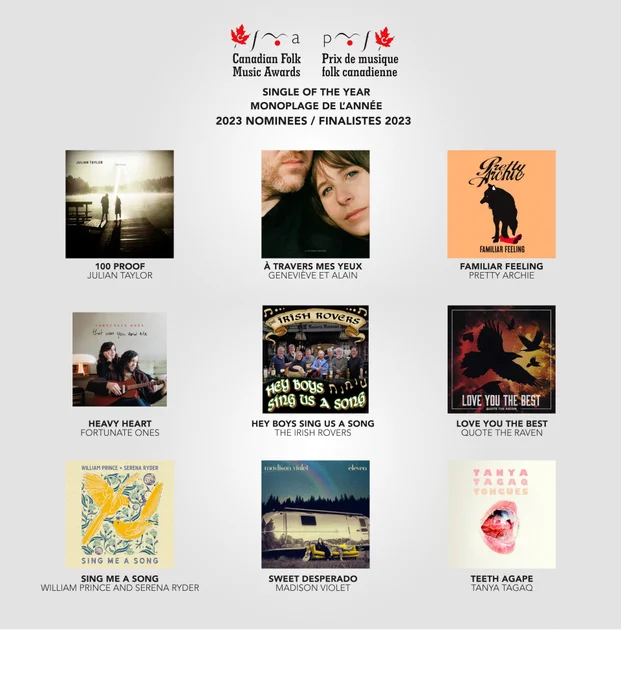1/2 

Single of the Year / Monoplage de l’année

Love you the Best, @QuotetheravenNL   
Sing Me A Song @WilliamPrince and @serenaryder 
Sweet Desperado, @madisonviolet  
Teeth Agape, @tagaq 