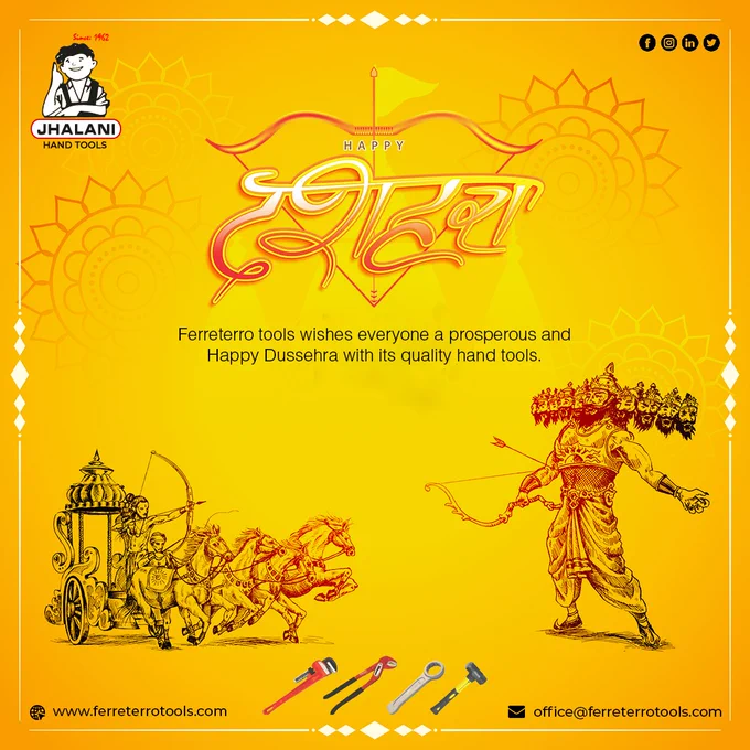 Let the power of goodness triumph with the blessings of Lord Rama, who is the saviour and protector.

Ferreterro tools wish everyone a prosperous and happy Dussehra with its quality hand tools.
