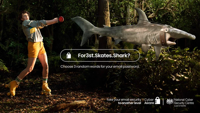 A woman in a forest being pulled on roller skates by a shark. Her password is shown to be Forest.Skates.Shark